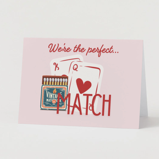 Valentine's Day card with matchbox and heart design on a pink background